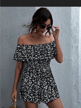 Black Floral Off-Shoulder Summer Romper